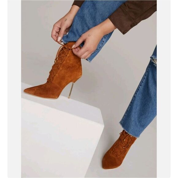 Good American Scandal Lace Up Stilleto Booties Faux Suede Black - Picture 9 of 9